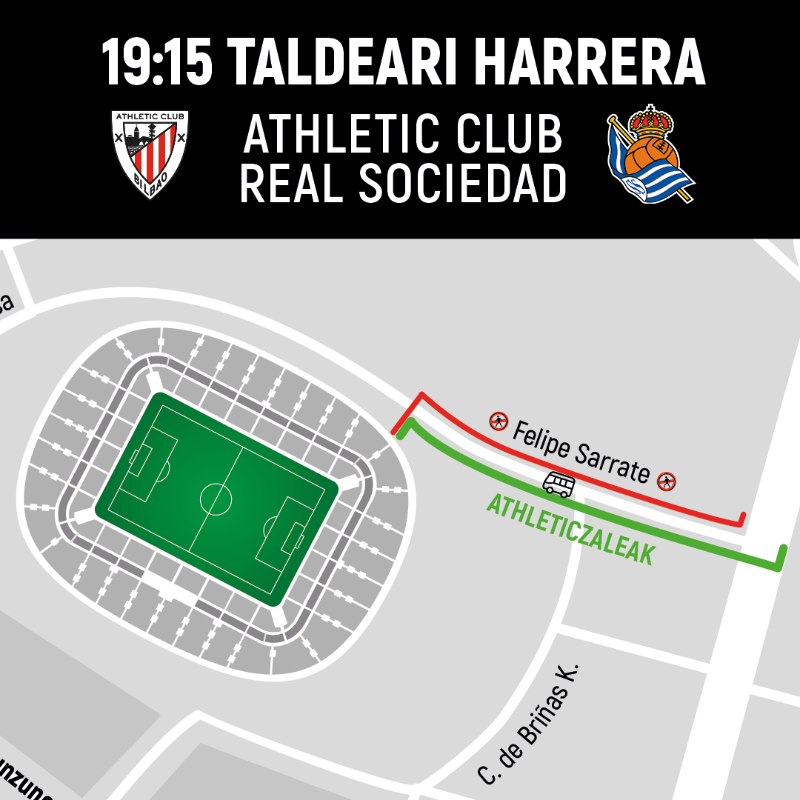 AthleticClub's tweet photo. 🧣 Recibimiento al equipo a su llegada a San Mamés. 

El Athletic Club convoca a su afición en la explanada del estadio a las 19:15 horas para animar a los leones a su paso por la calle Felipe Serrate. 

✊ Denok batera lortuko dugu!

#AthleticRealSociedad 🏆 #AthleticClub 🦁