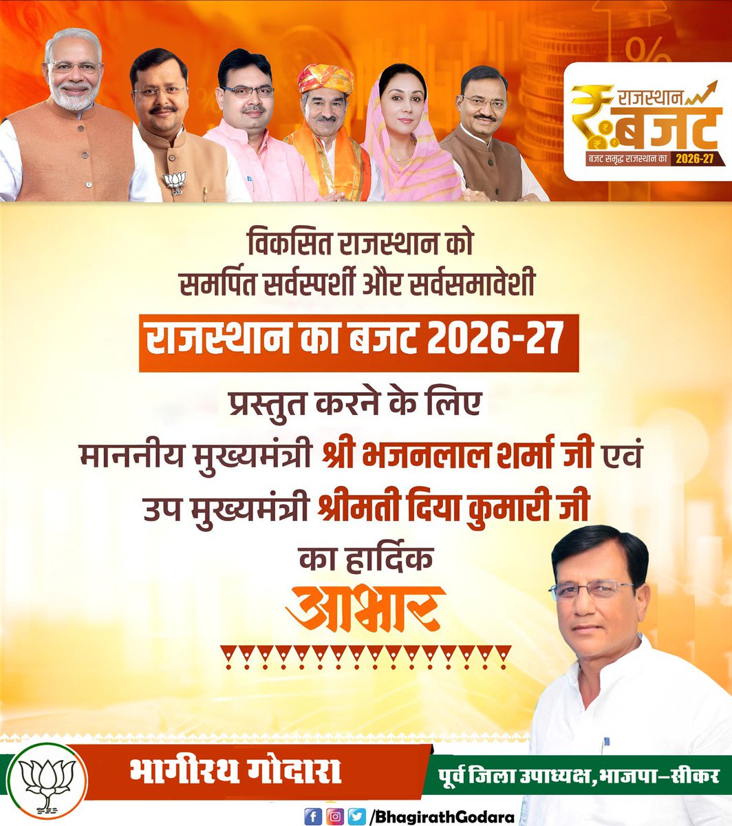 राजस्थान को देश का अग्रणी व विकसित प्रदेश बनाने हेतु आज प्रस्तुत किए गए बजट के लिए मुख्यमंत्री श्री <a href="/BhajanlalBjp/">Bhajanlal Sharma</a> जी, वित्तमंत्री <a href="/KumariDiya/">Diya Kumari</a> जी को हार्दिक बधाई।

इस बजट के माध्यम से प्रदेश समृद्धि एवं उन्नति के नवीन कीर्तिमान स्थापित करेगा।

#बजट_समृद्ध_राजस्थान_का