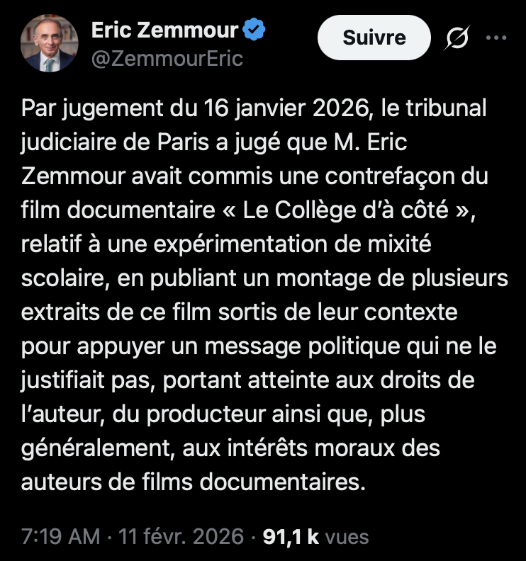 Il faudrait généraliser ce genre de publication judiciaire sur les profils sociaux des personnes condamnées.
(Et imposer qu'elle soit épinglée sur leur profil pendant un temps.)