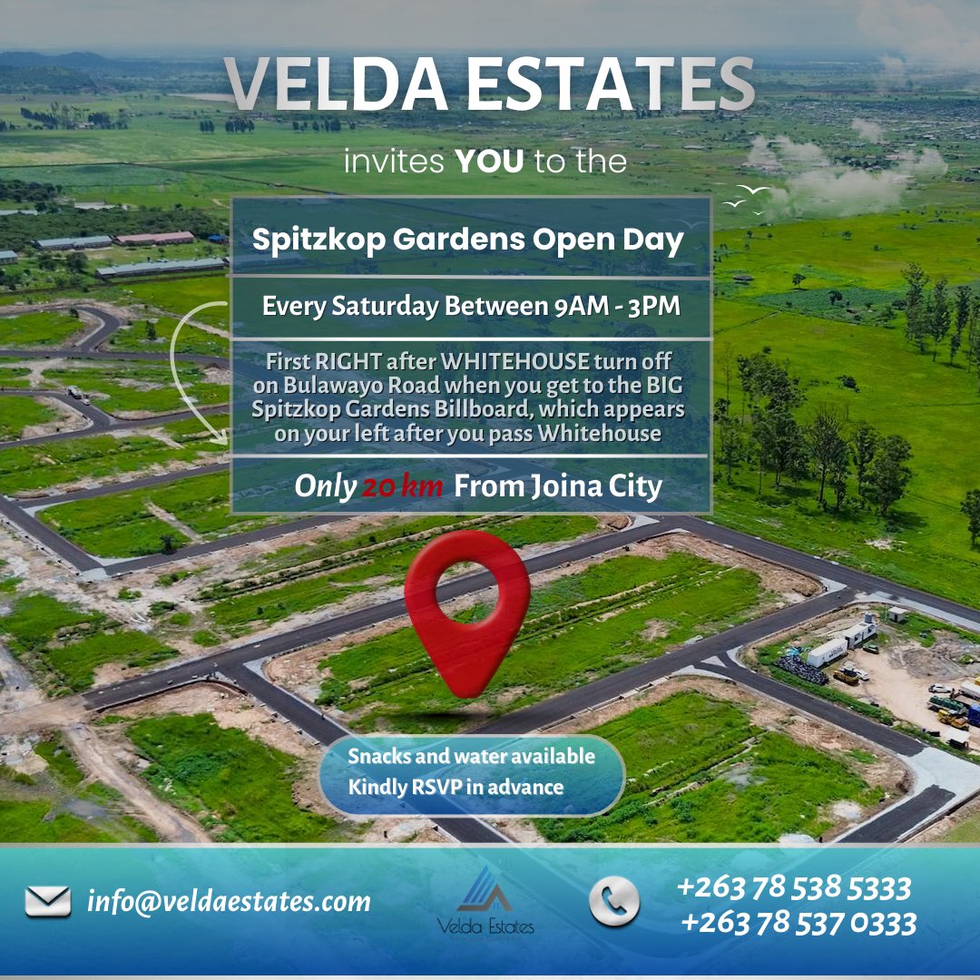 veldaestates's tweet photo. Your future home starts with one visit 🏡

Join us every Saturday from 9AM to 3PM at Spitzkop Gardens Open Day. Only 20 km from Harare CBD along Bulawayo Road.

Stands from $65 per sqm.

📞 Call or WhatsApp +263 78 537 0333 / +263 78 538 5333
RSVP and secure your stand today. https://t.co/ZQlhIC34Lv