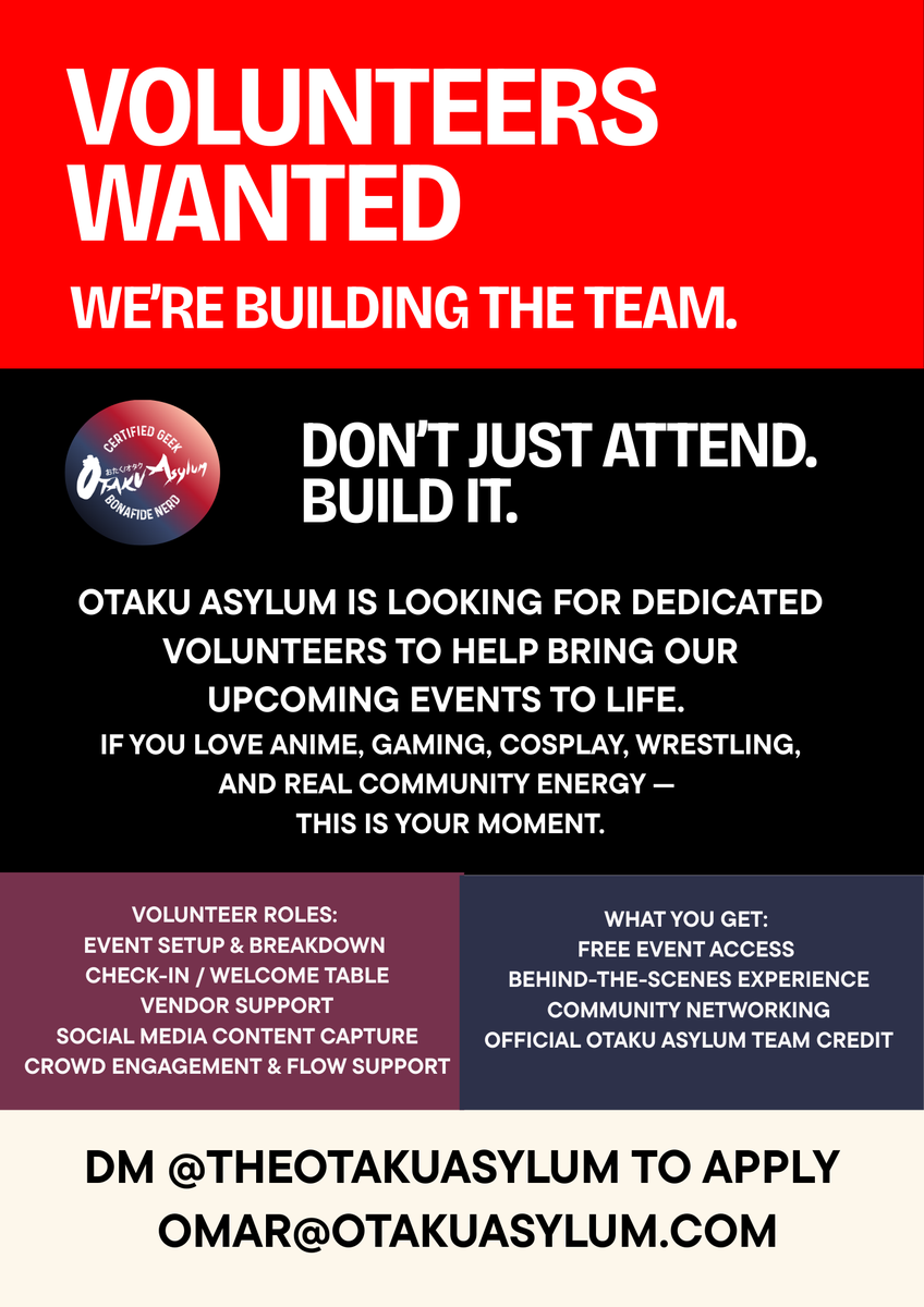We need backup. 👀

Otaku Asylum is looking for volunteers for our upcoming events.

If you’ve ever said “Let me know how I can help” — this is that moment.

DM us. Let’s build.