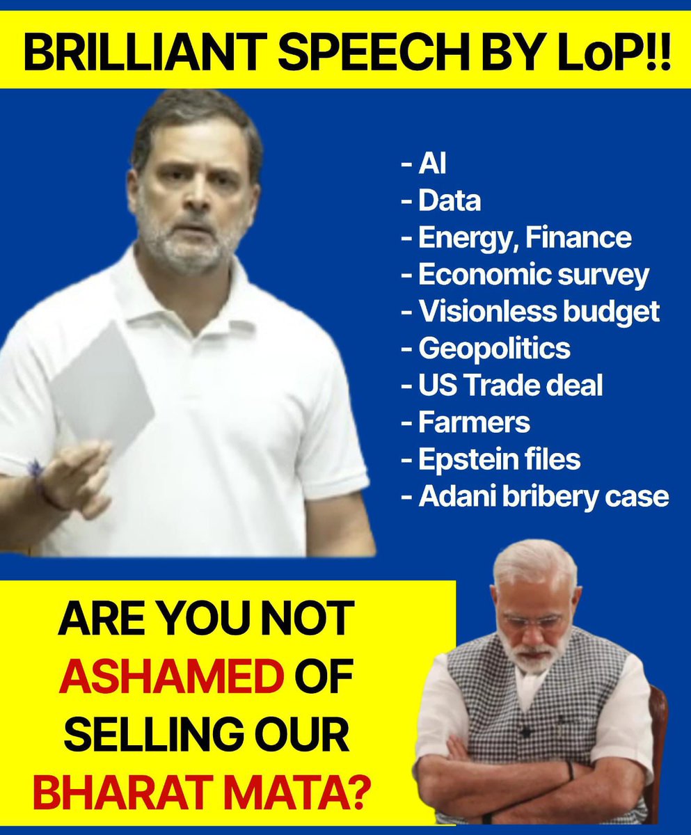 Brilliant speech by LOP <a href="/RahulGandhi/">Rahul Gandhi</a> ji on Budget &amp; US trade deal. In a turbulent AI-driven, dollar-dominated world, he reminded us: India’s real assets are our People &amp; Data, Energy systems, and our Farmers Budget lacks vision The trade deal is unfair. India’s future is at stake
