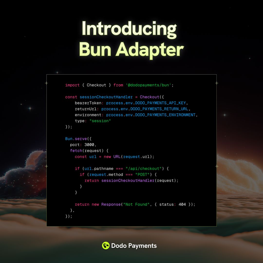 Bun devs, this one’s for you ⚡️

We just shipped the <a href="/bunjavascript/">Bun</a> Adaptor for <a href="/dodopayments/">Dodo Payments</a>.

What it unlocks:

→ Checkout routes that work out of the box (static + session)
→ Customer Portal endpoint to manage subs and billing
→ First-class webhook support with signature