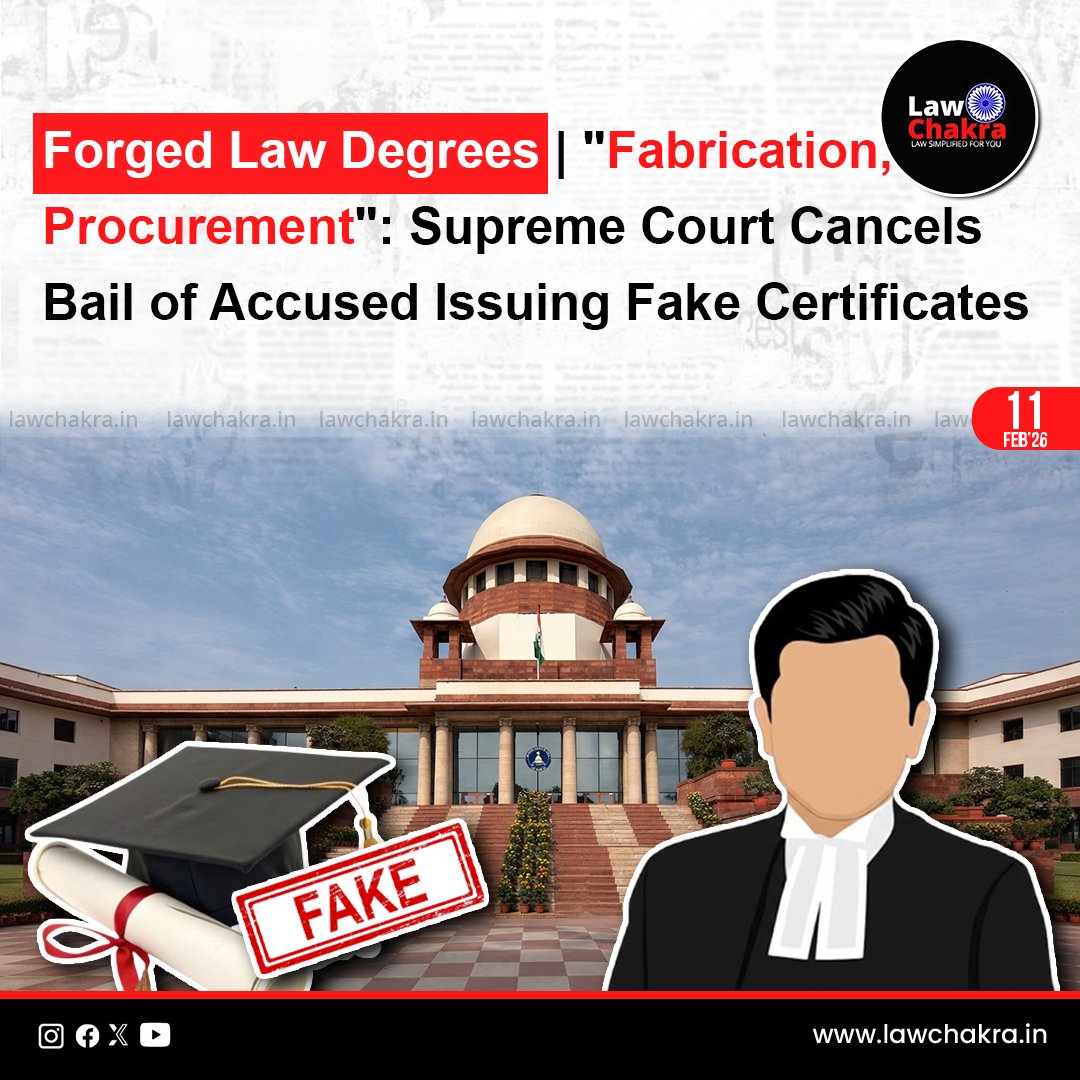 LawChakra's tweet image. Today, On 11th February, The Supreme Court has cancelled the bail granted to Mazahar Khan, accused of issuing counterfeit degree certificates to lawyers.
For More Details Visit: lawchakra.in/supreme-court/…
#SupremeCourtofIndia #certificate #FAKE #DEGREE