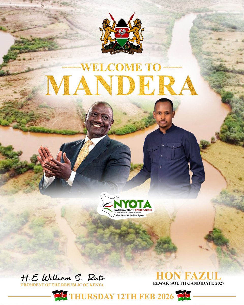 Welcome to Mandera your excellency president <a href="/WilliamsRuto/">William Samoei Ruto, PhD</a> .
#KaziKwaMpango 
<a href="/_IsmailMaalim/">PS Ismail Maalim, CBS</a> <a href="/kulanpost/">Kulan Post</a> <a href="/KullowIbrahim/">Kullow Ibrahim🇰🇪</a> <a href="/ESYF_CBO/">Elwak South Youth Forum-CBO</a> <a href="/aliiroba/">HE. Capt. Ali Ibrahim Roba, EGH, MP</a>