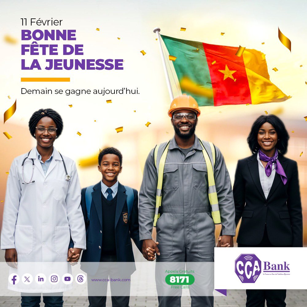 cca_bank's tweet photo. Parce que les leaders de demain se préparent aujourd'hui, la CCA Bank s'engage à soutenir les rêves de chaque jeune. Ensemble, transformons vos ambitions en réalité. 🤝✨
Bonne célébration de la fête de la jeunesse ! 🇨🇲👱🏾♂️👩🏽🦰
#YouthDay #Cameroon #InvestirDansLAvenir #CCABank https://t.co/rpMzMWtiUA