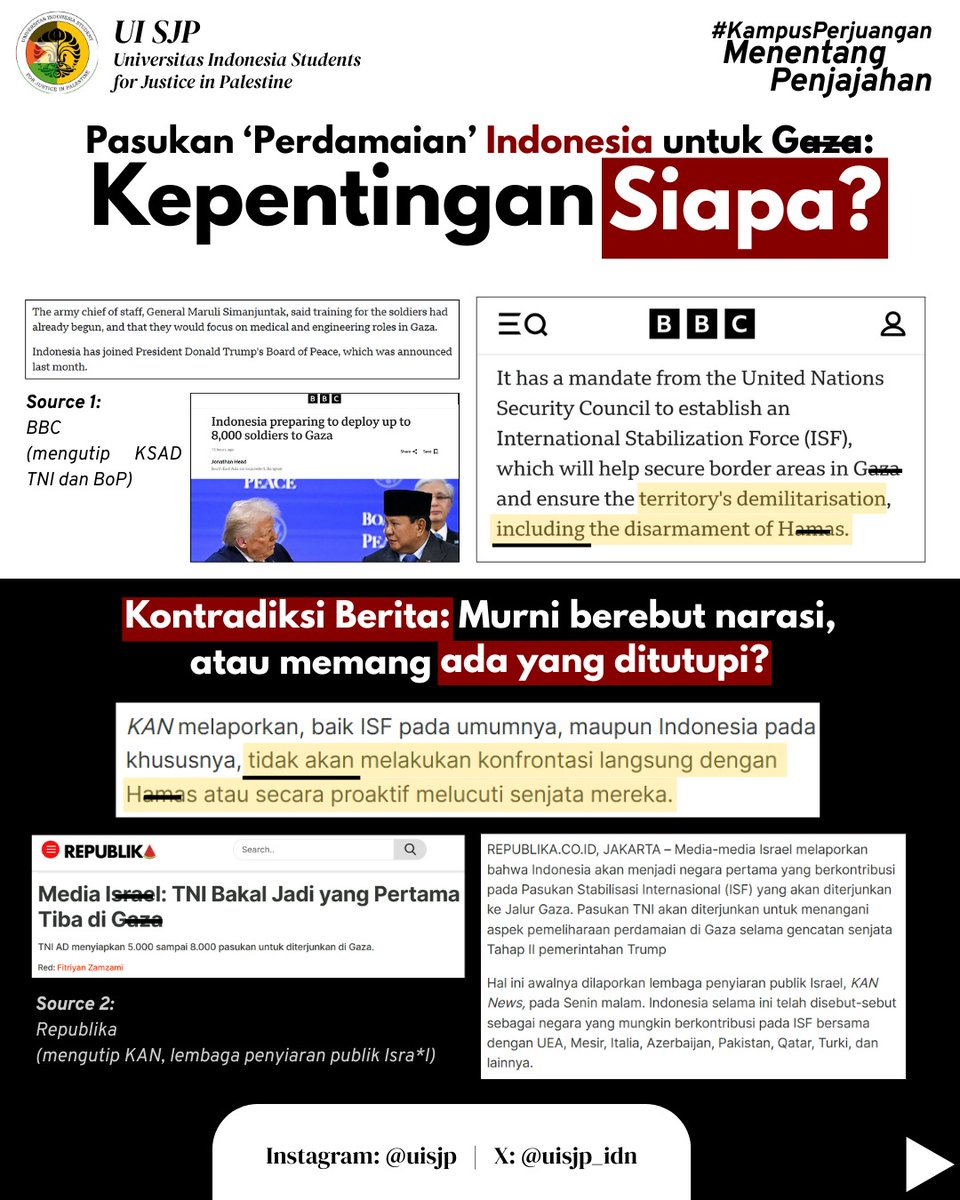 [PASUKAN 'PERDAMAIAN' INDONESIA UNTUK G**A: KEPENTINGAN SIAPA?]

Pada Selasa (10/02), media Isra*l memberitakan rencana Indonesia untuk mengirim pasukan perdamaian untuk G**a. Bersamaan dengan itu, keluar juga pernyataan dari KSAD TNI terkait koordinasi yang belum rampung.

cont-