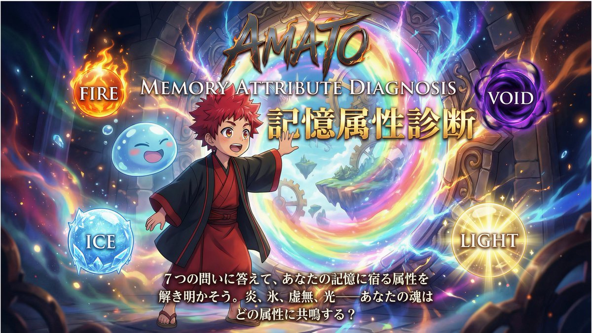🔥AMATO記憶属性診断、新たに解禁🔥

7つの問いに答えて
記憶に宿る属性を解き明かそう！

🔥 FIRE
❄️ ICE
🕳 VOID
✨ LIGHT

プロフィールリンクから公式サイトをチェック！
――あなたの魂は、どの属性に共鳴する？