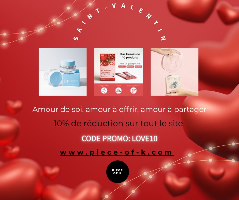 💖 Saint-Valentin chez PIECE OF K 💖
Cette année, on partage l’amour 💕 avec une sélection de soins K-Beauty qui chouchoutent ta peau comme ton cœur ❤️ #SaintValentin #Cadeaux #amour #codepromo