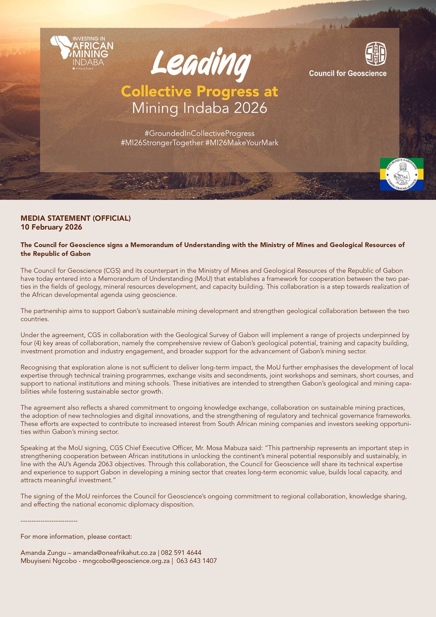 CGS_RSA's tweet photo. CGS and the Ministry of Mines and Geological Resources of the Republic of Gabon have signed an MoU that aims to implement collaborative projects to unlock Gabon’s geological potential, attract investors and create skilled workforces for a sustainable mining future. 

Read more in the statement below.