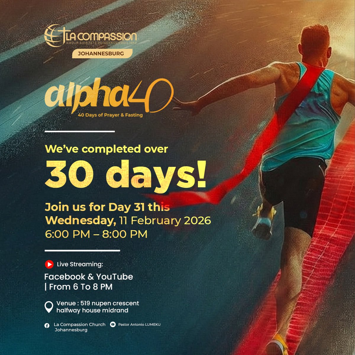 Lacompassionch's tweet image. Alpha 40 | Over 30 Days Completed ☑️ Congratulations!🙌 

Join us today for Day 31, on-site from 6:00 PM to 8:00 PM.

Venue: 519 Nupen Crescent, Halfway House, Midrand

Come and experience unforgettable moments in God’s presence. 🔥🧎🏻‍♂️

Bring your friends and family.

#alpha40