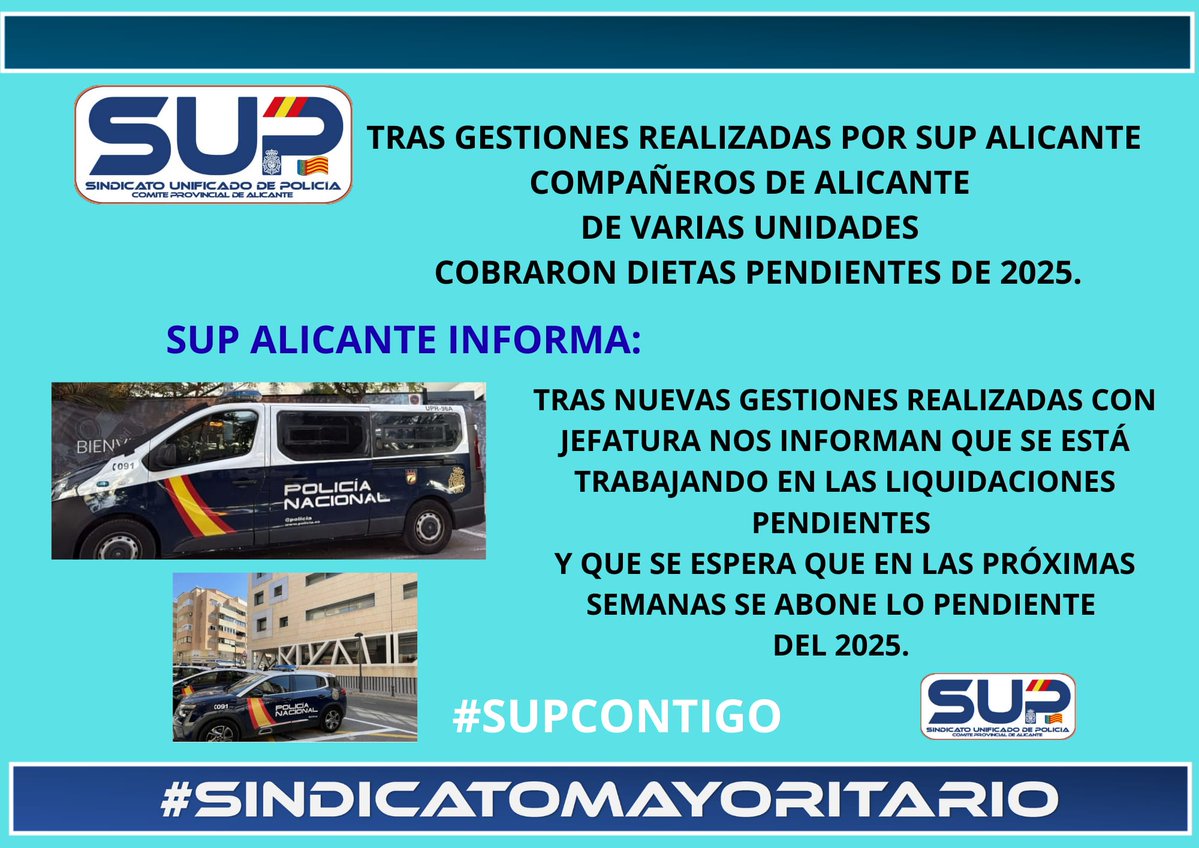En @Sup_policia #Alicante seguimos trabajando con seriedad en defensa de los derechos de 👮🏻👮🏻‍♀️
Pendientes del abono dietas 2025  hacemos gestiones nuevamente.
No ponemos piedras en el camino, colaboramos a avanzar
#SUPLiderEnReivindicaciones
Afiliate:
altas.sup.es