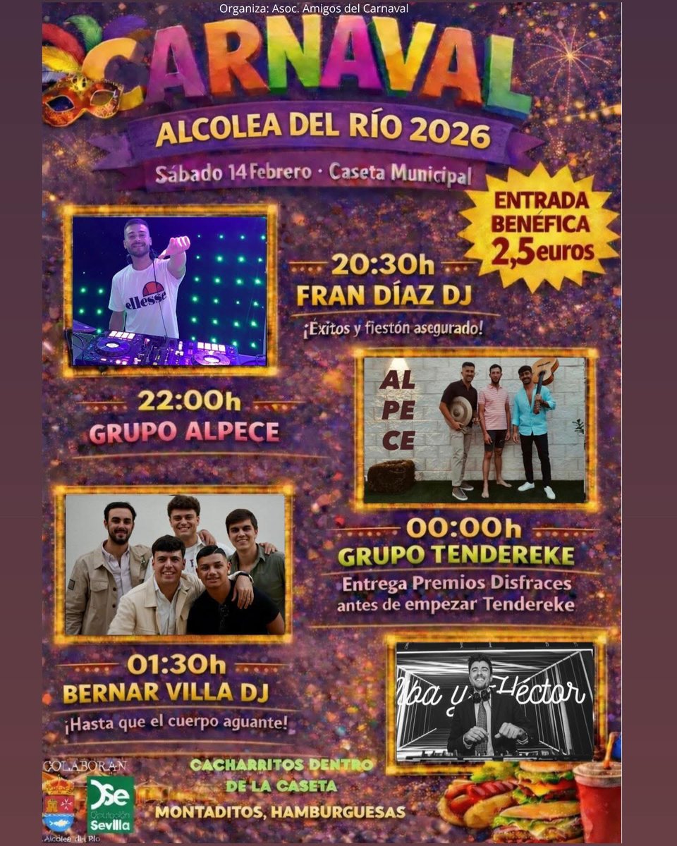 🎭 CARNAVAL DE ALCOLEA DEL RÍO 2026 🎊
El próximo sábado día 14, Alcolea del Río se llena de color, música y alegría. ¡Queremos que sea una jornada inolvidable para todos! 🥳✨

🎭🥁🌈