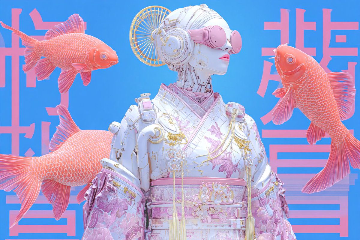 phokuinc's tweet image. Cybernetic geisha, pastel silk, drifting koi. 
Tradition reimagined in a vaporwave future.
#Vaporwave #AIart #Surrealism