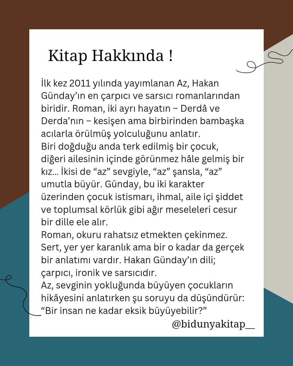 Bu hafta Hakan Günday – AZ ileyiz.
Sevginin eksik kaldığı, çocukluğun yarım bırakıldığı iki hayatın hikâyesini konuşacağız.
Sarsıcı, cesur ve uzun süre zihinden çıkmayacak bir metin…
📌 24 Şubat Salı
🕘 Saat 21.00
🎙️ Kitap sunum yayını – Üyelere özel
Hazırsanız bu hafta “az”ın