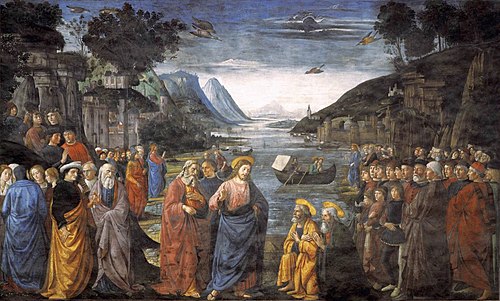 The Ascension of Christ by Domenico Ghirlandaio
Date: 1486

Ghirlandaio's artwork illustrates Jesus' ascension into heaven after his resurrection. Found in Acts 1:9-11.