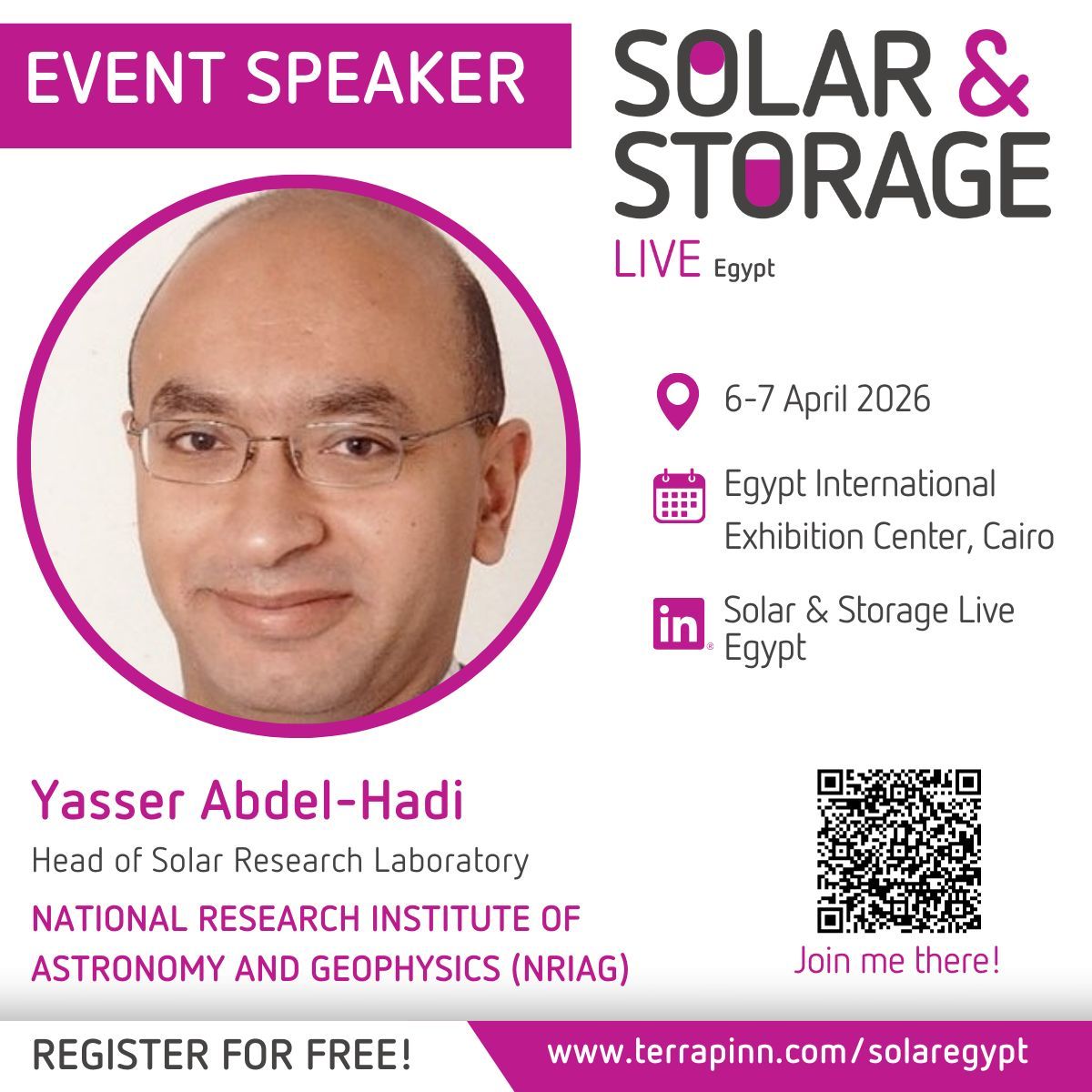 SSLEgypt's tweet photo. 🌞 Speaker announcement! 

We’re thrilled to welcome Yasser Abdel-Hadi, Head of the Solar Research Laboratory at the National Research Institute of Astronomy and Geophysics (NRIAG), to Solar &amp; Storage Live Egypt!

 🎟️ Register now: https://t.co/zIaPxdLJ7Z  

#SolarStorageEgypt https://t.co/1Po3sE3Cmg