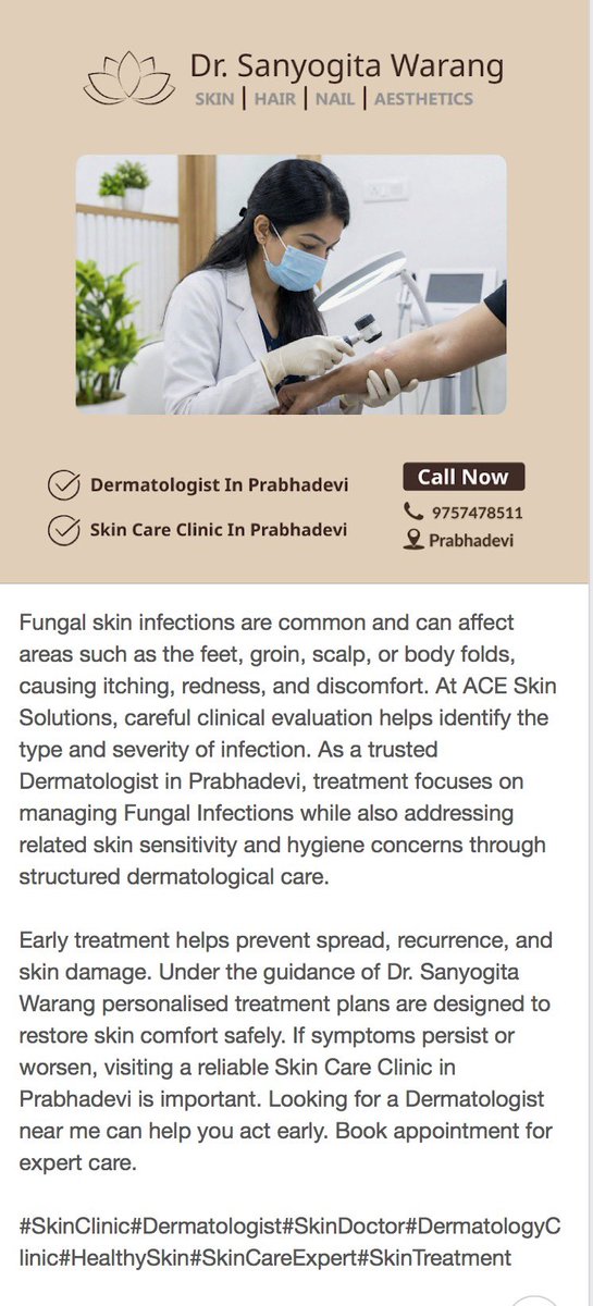 drsanyogitaskin's tweet photo. #SkinClinic
#Dermatologist
#SkinDoctor
#DermatologyClinic
#HealthySkin
#SkinCareExpert
#SkinTreatment
#AestheticDermatology
#AceskinsolutionsPrabhadevi 
#Fungalinfections https://t.co/GGRUX3pCyO