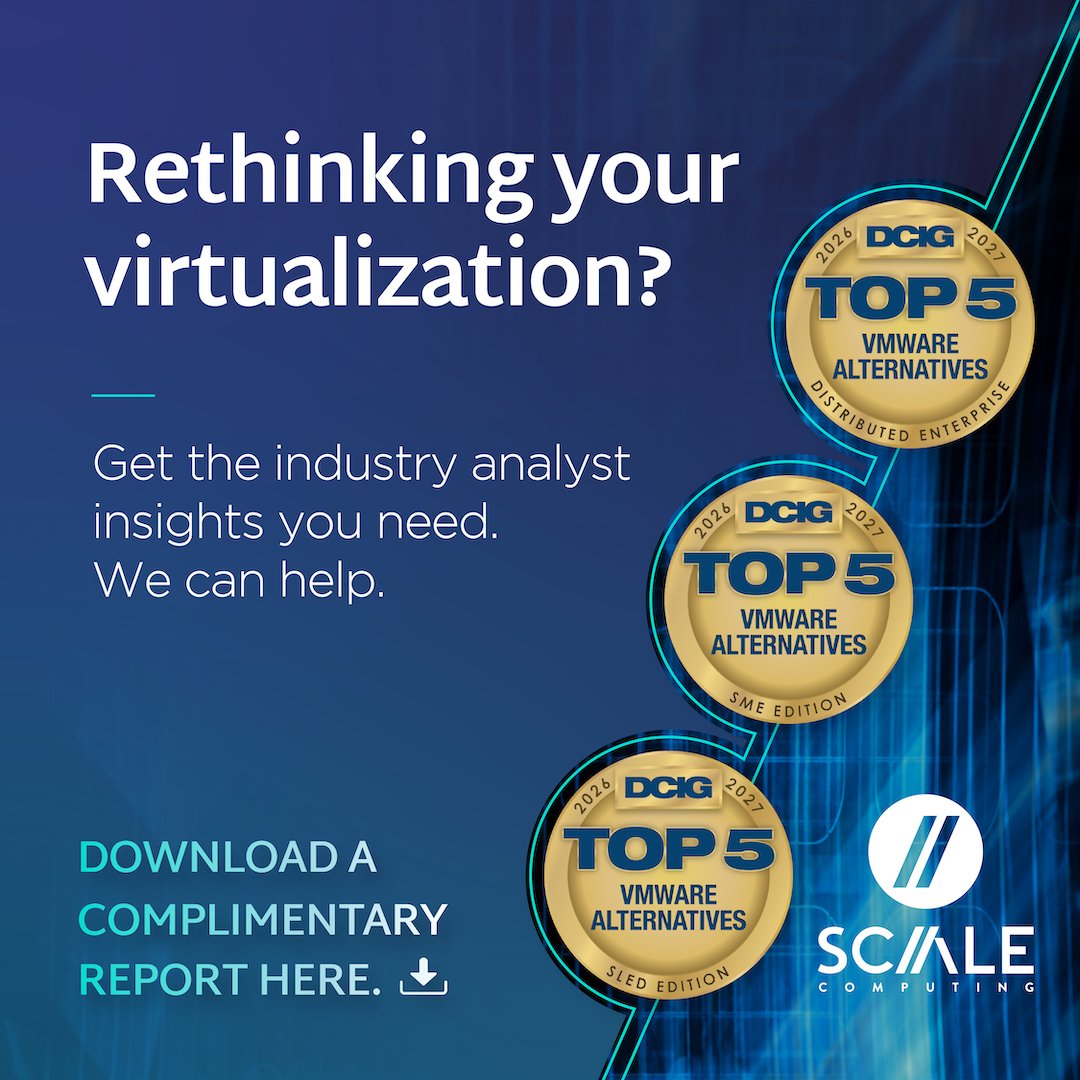 FormITS's tweet photo. Scale Computing has been named one of DCIG's TOP 5 VMware vSphere Alternatives in all three of its 2026-27 reports: Distributed Enterprise, SMB, and SLED. Read why #DCIG selected them as one of the top 

https://t.co/BuOLxMWbYj 
#VMwareAlternative #Virtualization #EdgeComputing https://t.co/rg8dtMtiy8
