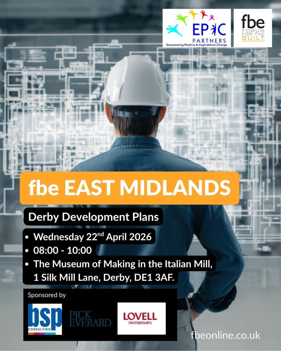fbeonline's tweet photo. Please join fbe East Midlands for a morning breakfast, networking, and insight. 

Kindly sponsored by @BSPConsLtd @PickEverard Lovell Partnerships

This event supports Epic Partners

Full details online at https://t.co/dxZjALHsvU https://t.co/TDY2BCyMOr