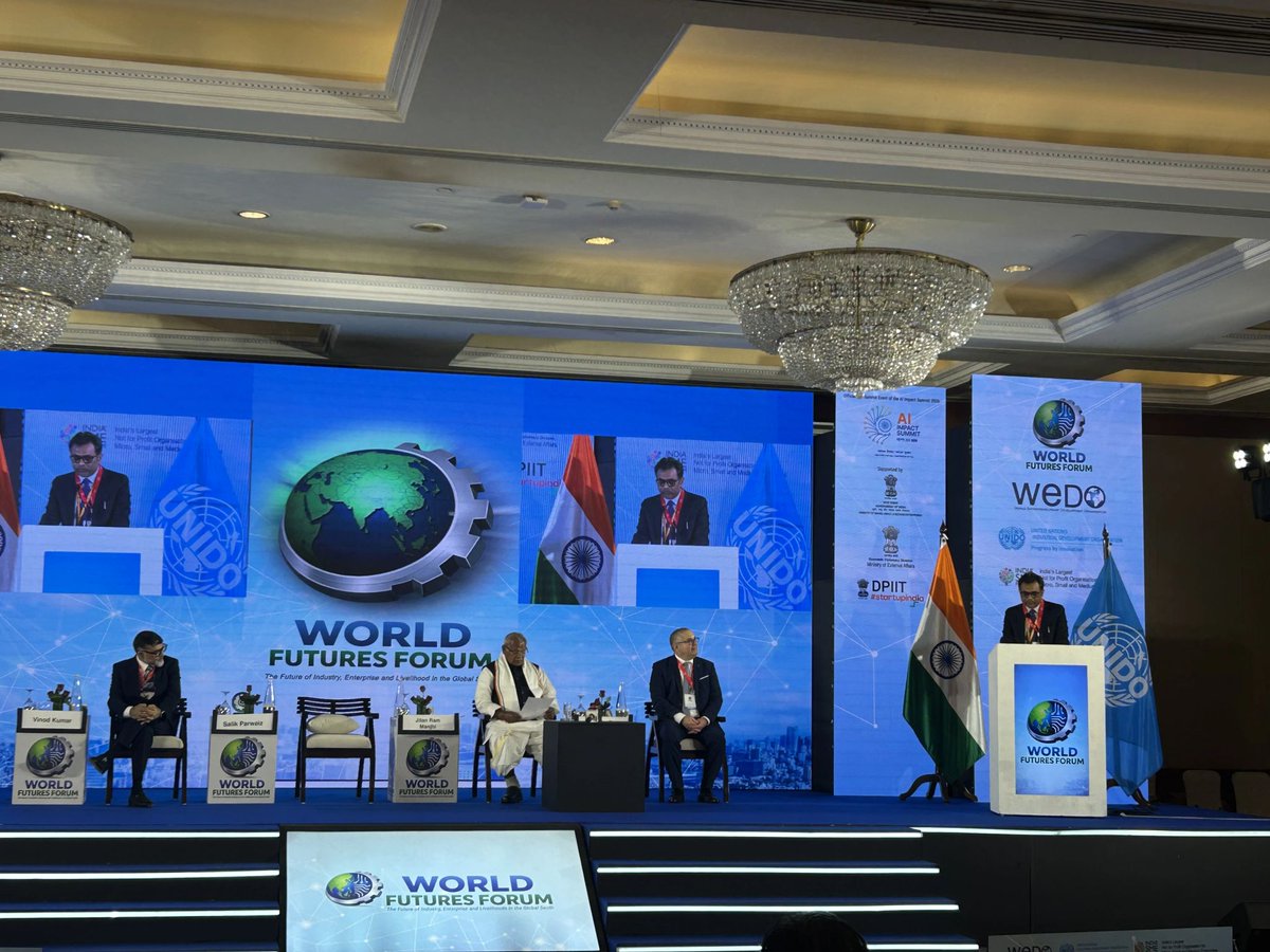 SMEForumIndia's tweet photo. UPDATES | WORLD FUTURES FORUM 2026 | New Delhi

The World Futures Forum 2026 commenced with a distinguished Plenary Session, setting the tone for two days of global dialogue on “The Future of Industry, Enterprise and Livelihoods in the Global South.”
The session brought together eminent global and national leaders:

-Shri Jitan Ram Manjhi, Hon’ble Minister of MSME, Government of India

-Mr. Vinod Kumar (@VKwuthoo), President, India SME Forum

-Mr. Alejandro Rojas, Chief of Division – MSME Competitiveness & Job Creation, @UNIDO 

-Mr. Jason Slater, Chief of AI, Innovation & Digital Officer, @UNIDO 

-Mr. Salik Parwaiz, Director, Cluster Development and Export Promotion, Ministry of MSME (@minmsme)

-Mr. Vinamra Mishra, Joint Secretary, Ministry of Micro Small and Medium Enterprises @minmsme 

The deliberations emphasized:
• Strengthening MSME competitiveness through global cooperation
• Leveraging AI and digital transformation for inclusive growth
• Advancing cluster-based industrial development strategies
• Building resilient livelihood ecosystems across the Global South

The Plenary reaffirmed India’s leadership role in shaping the future of MSMEs through innovation, policy alignment, and multilateral collaboration.

#WorldFuturesForum #WFF2026 #MSME #UNIDO #DigitalTransformation #GlobalSouth #AIforIndustry