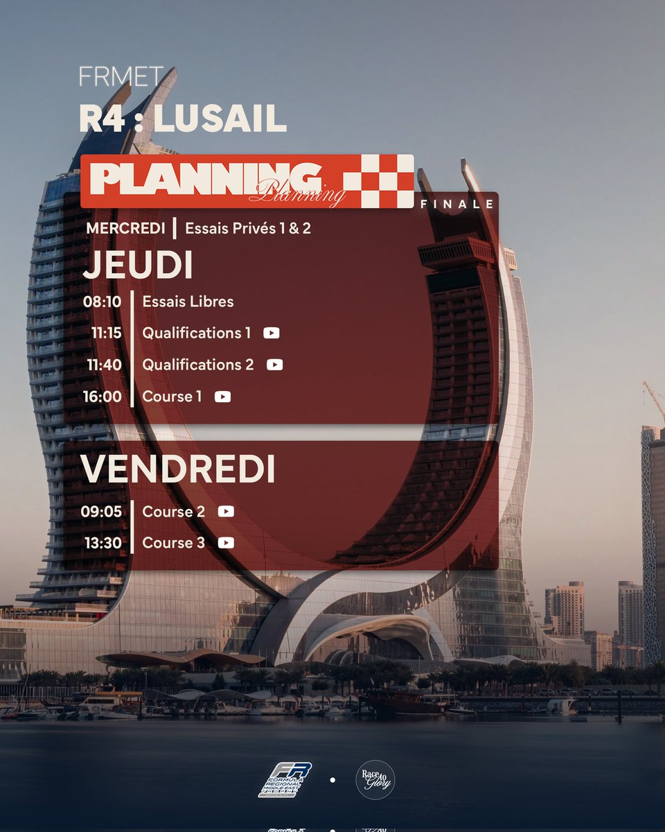 FRMET 4/4 🇶🇦 | PLANNING

Le programme de ce 4ème et dernier week-end à Losail 🇶🇦.

La bataille pour le titre entre Al Dhaheri 🇦🇪, Nakamura-Berta 🇬🇧 et Abkhazava 🇰🇿 devrait animer le week-end.

On espère de nouveaux points pour nos français après leur bon week-end à Dubaï.

#FRME