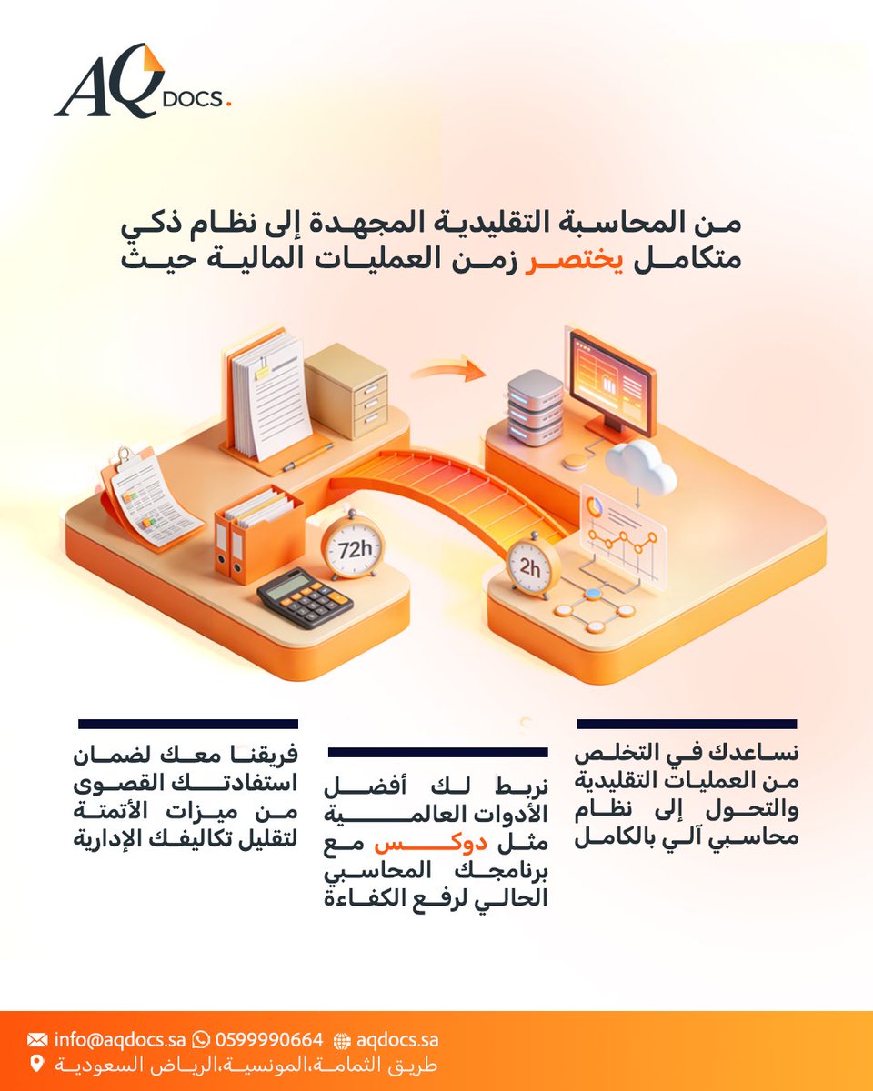 AQDOCS's tweet image. من المحاسبة التقليدية إلى نظام آلي متكامل يختصر مشكلات العمليات المالية اليدوية؛ فنحن في دوكس لا نكتفي بتزويدك بالأدوات فقط، بل نقدم لك استشارات تقنية لربط أفضل الحلول العالمية بنظامك الحالي.📑 
ومع دعمنا الفني نضمن استغلال ميزات الأتمتة لتقليل تكاليفك الإدارية وضمان دقة بياناتك.
