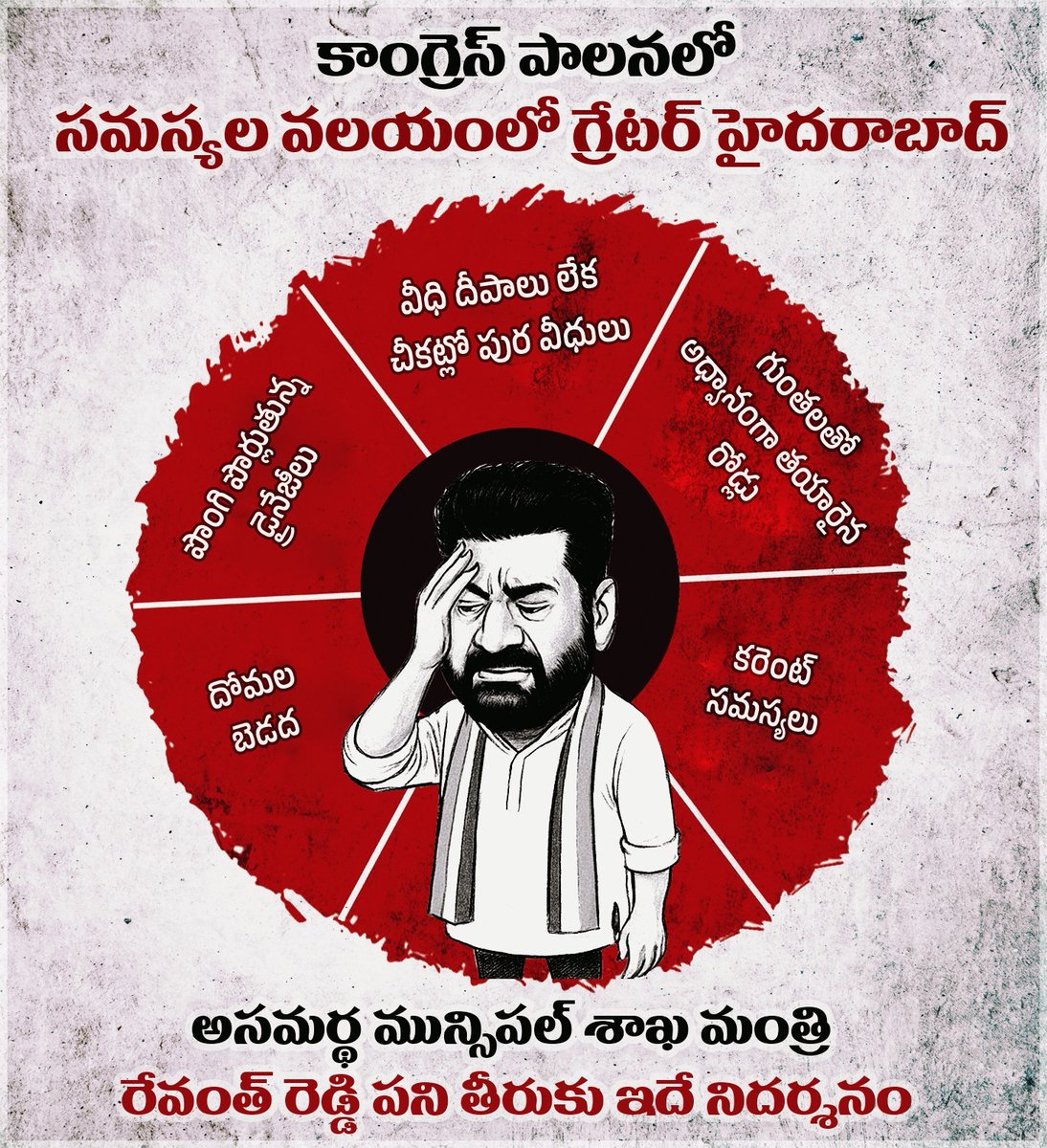 తుగ్లక్ రేవంత్ చేతగాని పాలనతో మసకబారుతున్న హైదరాబాద్ మహానగర ఖ్యాతి!

అసమర్థ మున్సిపల్ శాఖ మంత్రి రేవంత్ రెడ్డి పాలనలో సమస్యల వలయంలో గ్రేటర్ హైదరాబాద్, అవస్థలు పడుతున్న నగర ప్రజలు. 

హైదరాబాద్ బ్రాండ్ ఇమేజ్‌ను దెబ్బతీస్తున్న కాంగ్రెస్ ప్రభుత్వం.

#CongressFailedTelangana
