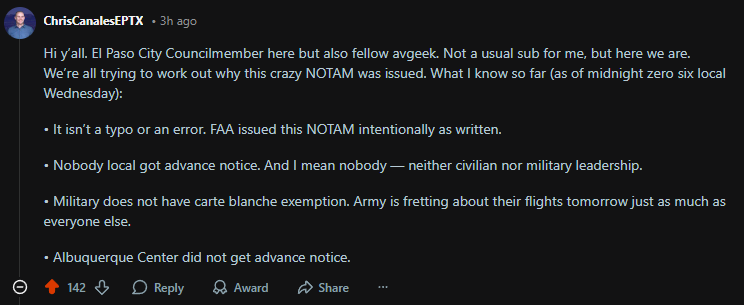 Atrain_A_'s tweet photo. @DefenceGeek It sounds like not even the military can fly... VERY weird

Are we still missing flights out of Biggs AAF for AD being sent to the Middle East? Though surely they'd be able to get exemptions for that https://t.co/bKssm3CyTs