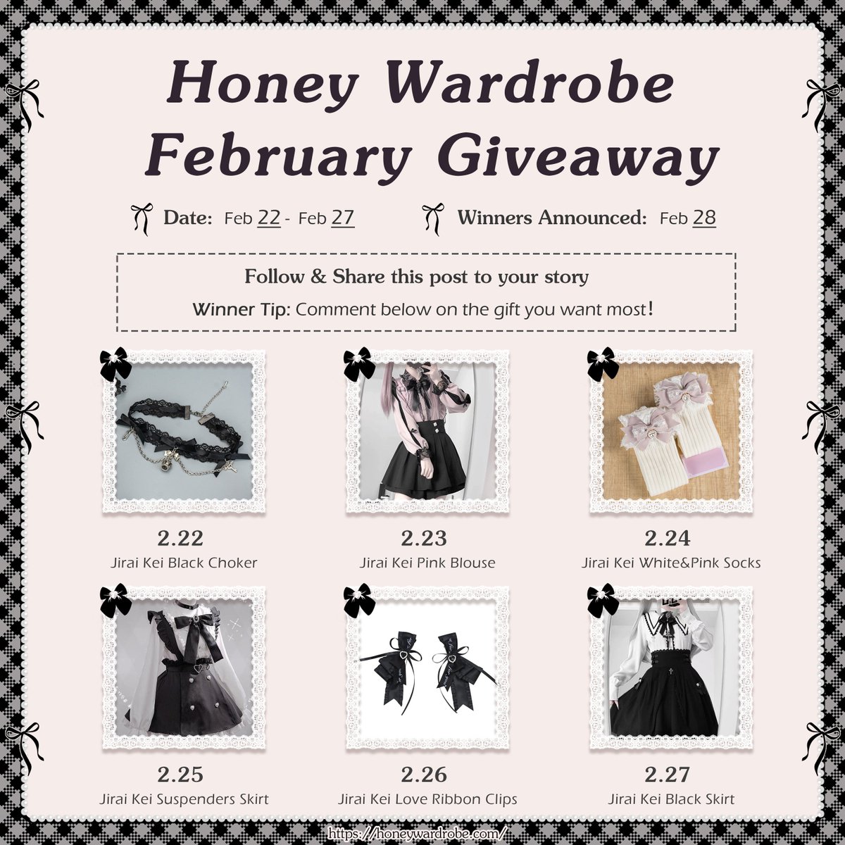 🎀Honey Wardrobe February Giveaway 🎀

📅 Feb 22 – Feb 27, 2026
💗 6 lucky winners will be picked

🎁 How To Enter:
1️⃣ Follow us
2️⃣ Share this post
3️⃣ Comment below on the gift you want most

📢 Winners announced on Feb 28

Link:honeywardrobe.com/collections/20…💫
#Giveaway #Jfashion