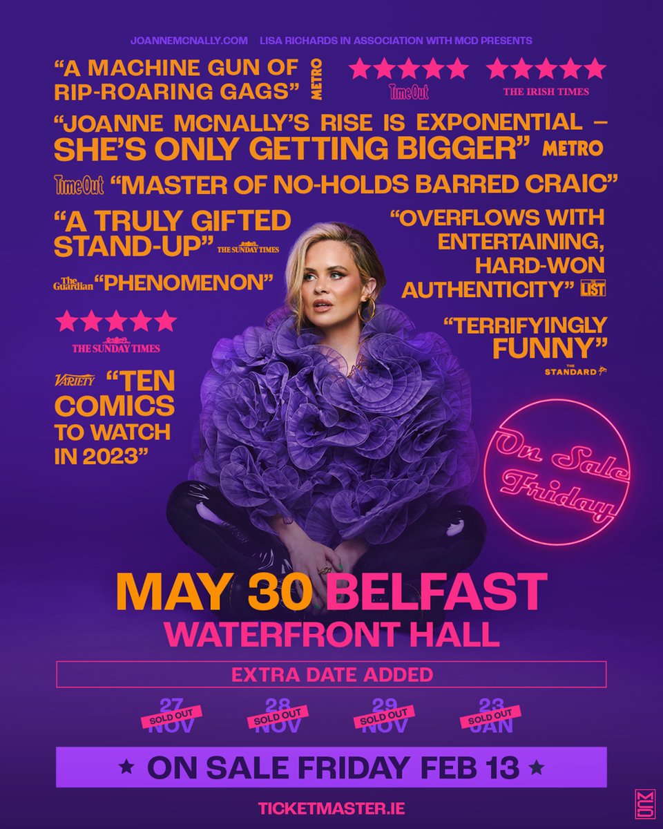 TicketmasterIre's tweet photo. 𝗘𝗫𝗧𝗥𝗔 𝗗𝗔𝗧𝗘𝗦 @jomcnally has announced further dates for her sell out standup show 'Pinotphile' at @CorkOperaHouse on Friday 29 May and @Waterfront_Hall, Beflast on Saturday 30 May 2026.

🎫 Tickets on sale Friday at 10am https://t.co/M6D2vJXD29 https://t.co/7vnpZNdKJX