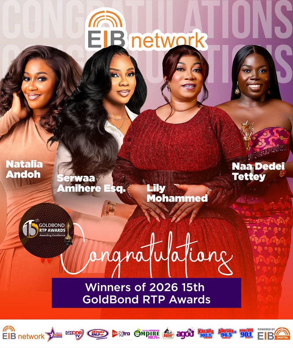 Four women. Four wins. One Powerhouse Network!

Congratulations to our RTP award-winning queens... 👑 🎉👏🏾

#GHOneTV #StarrFM 
#EIBNetwork <a href="/iamlilymohammed/">(KUSASIGODDESS🔥)</a> 
<a href="/yesiamnatalia/">𝓝𝓪𝓽𝓪𝓵𝓲𝓪 𝓐𝓷𝓭𝓸𝓱</a> <a href="/Serwaa_Amihere/">Serwaa Amihere, Esq</a>