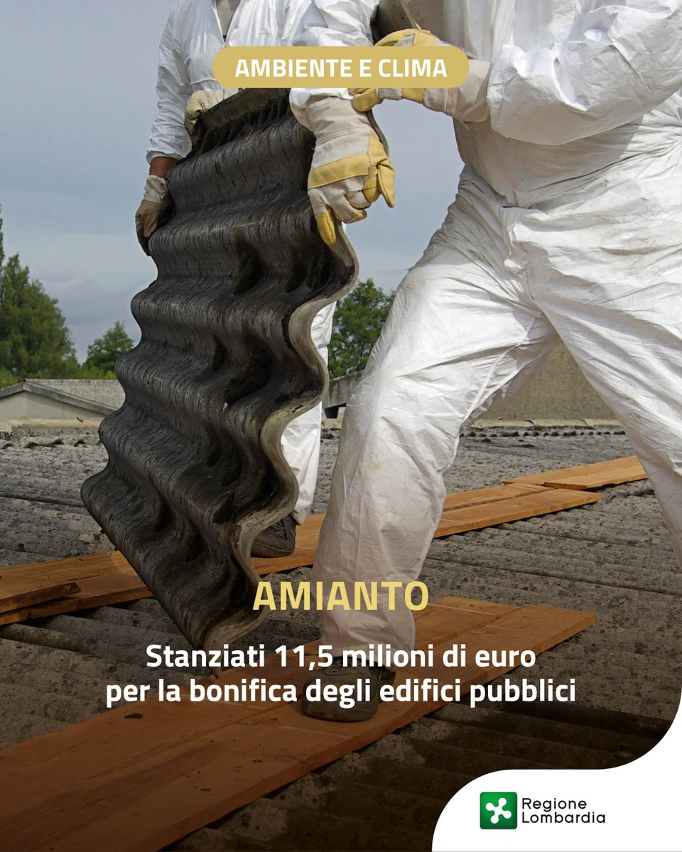 RegLombardia's tweet image. Stanziati 11,5 milioni di euro per la rimozione e lo smaltimento dell' #amianto da edifici pubblici. Pubblicati i criteri del bando che si rivolge agli #EntiLocali: apertura delle domande nei prossimi mesi.

Più info 👉 reglomb.it/RNih50YcFGp