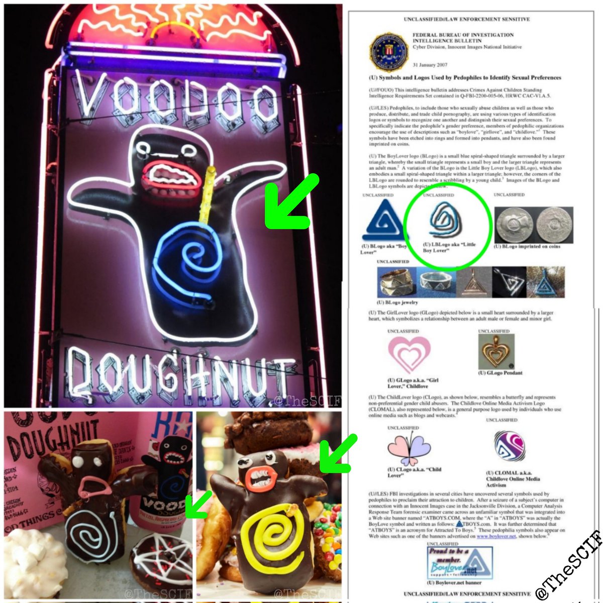 TheSCIF's tweet photo. Voodoo Doughnut is alleged to be involved in illegal activities. These claims come from a man named Michael Whalen who claims he witnessed illegal activity from the owners, Tres Shannon and Kenneth Pogson, who are allegedly involved in the trafficking of children. Go look up the owners and their close associates, and the dots will start to connect.

Whalen claims he witnessed children constantly coming and going and being taken into the back by adults and that these "types of people and elites involved" feel untouchable, and love to flaunt their perversions right out in the open and let you know exactly who they are, especially through symbolism.

This is what the world is slowly waking up to. This is how they operate and communicate. The owners of Voodoo were never investigated and were never charged with any crime. Pay attention because it's right out in the open and right in front of your face.