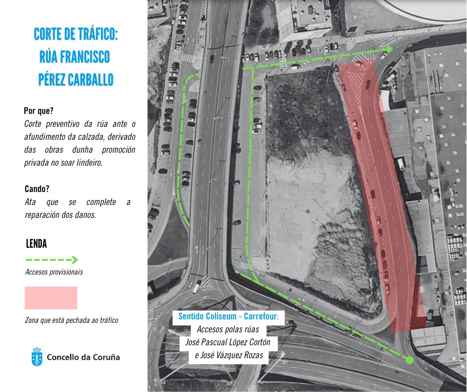 ConcelloCoruna's tweet image. 🏀 Este mércores, ás 20.45, o Básquet Coruña regresa ao Coliseum

⛔ Debido ao afundimento da calzada por unha obra privada, o acceso á rúa Francisco Pérez Carballo estará cortado

ℹ️ Consulta no plano as alternativas para acceder tanto ao Coliseum como á área comercial