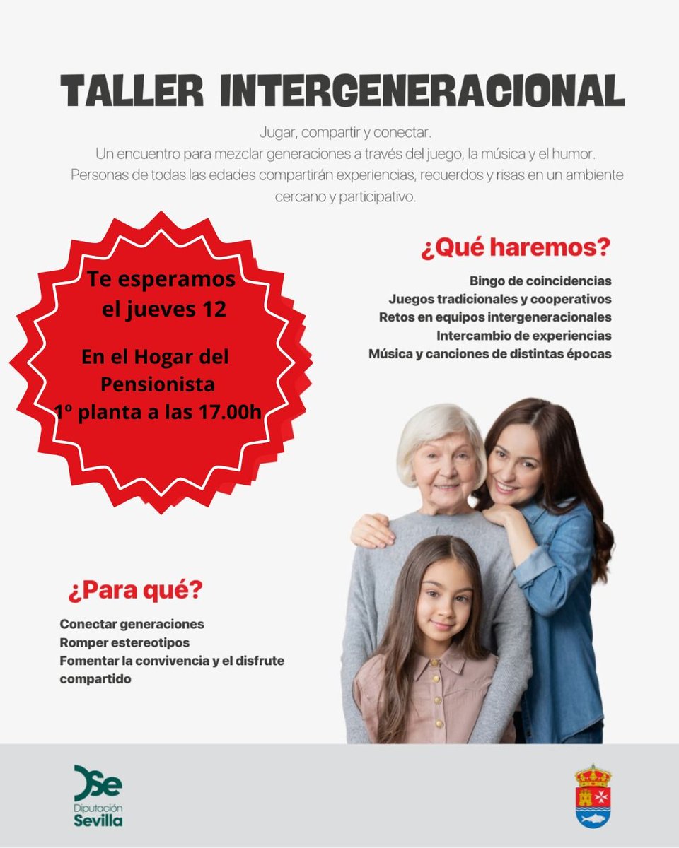 👵🤝👶 TALLER INTERGENERACIONAL: "ABUELOS Y NIETOS"
¡Unimos experiencia y juventud en una tarde inolvidable! Este jueves 12 de febrero, te invitamos a participar en un encuentro diseñado para compartir, aprender y, sobre todo, disfrutar en familia. ✨

💖🌟