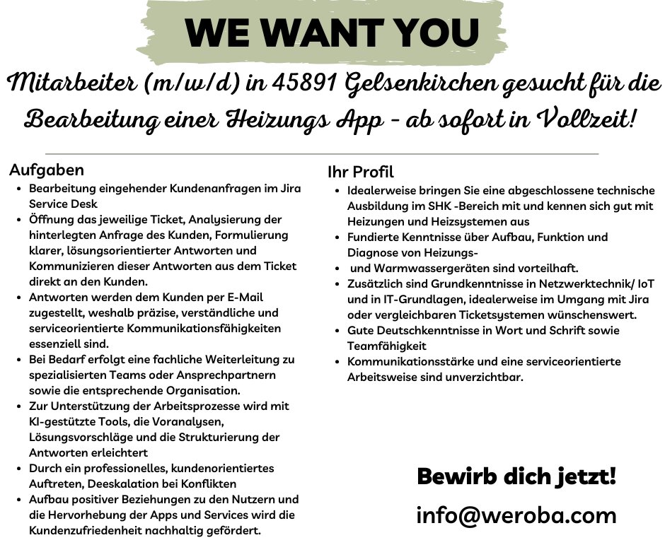 WerobaIngenieu1's tweet photo. Werde Teil unseres Teams!
Für unseren Kunden in Gelsenkirchen suchen wir einen Mitarbeiter (m/w/d) in Vollzeit zur Unterstützung. Die Stelle richtet sich an Fachkräfte mit Hintergrundwissen in Heizungstechnik, idealerweise Erfahrung mit Heizgeräten #AppSupport #SHK #Helfer https://t.co/Ea5UQqcWpG