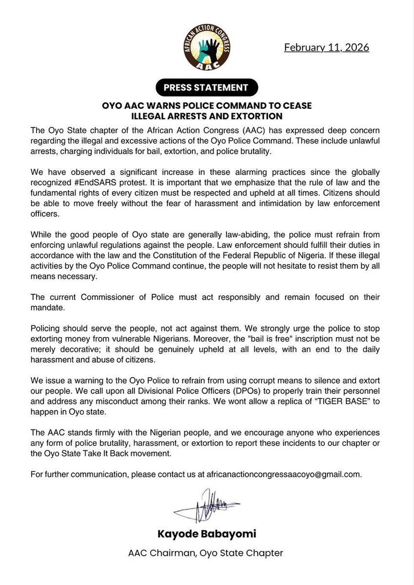 UFOSGLOBAL's tweet image. When law enforcement becomes lawless, the people must speak.

AAC Oyo stands firmly against illegal arrests, extortion and abuse.

Policing must return to the service of the people. ✊🏾 

#TakeItBack #BailIsFree #OccupyNASS2026

 @BenHundeyin