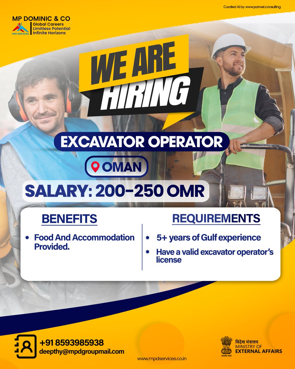 MPDSERVICES's tweet image. ring Now: Excavator Operator !

We are looking for experienced Excavator Operators for a reputed company in Oman. 

🌐 Apply Now: mpdservices.co.in

#HiringNow #ExcavatorOperator #OmanJobs #GulfJobs #OverseasJobs #ConstructionJobs #HeavyEquipmentOperator