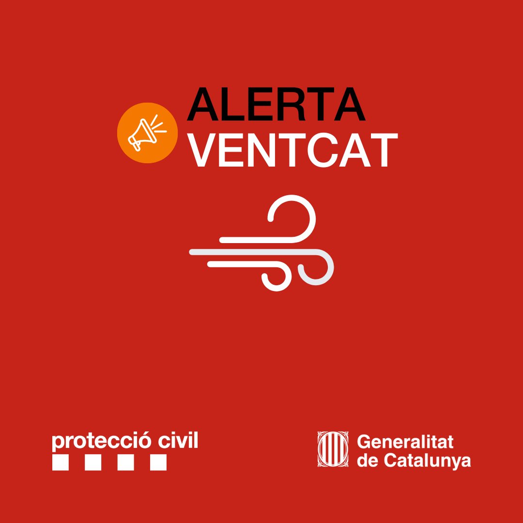 Molta atenció ❗
Previsió de ventades amb perill extrem per dijous 12 a gran part de Catalunya. Demanem molta precaució i limitar les activitats a l’exterior.

#AlertaCat #VENTCAT #ProteccióCivil