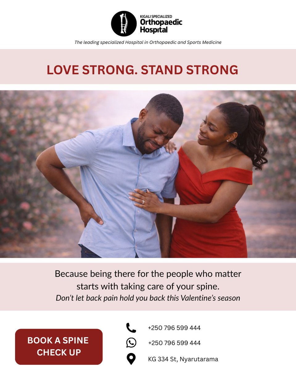 KHospital22123's tweet photo. At Kigali Specialized Orthopaedic Hospital, we know that being there for the ones you love means being at your physical best.

Gift a checkup to your lover this season🥳
📞Call: +250 796 599 444
📍Find us:KG 334 st, kigali
#Health #KSOH #Valentines https://t.co/qc5bKHogPq