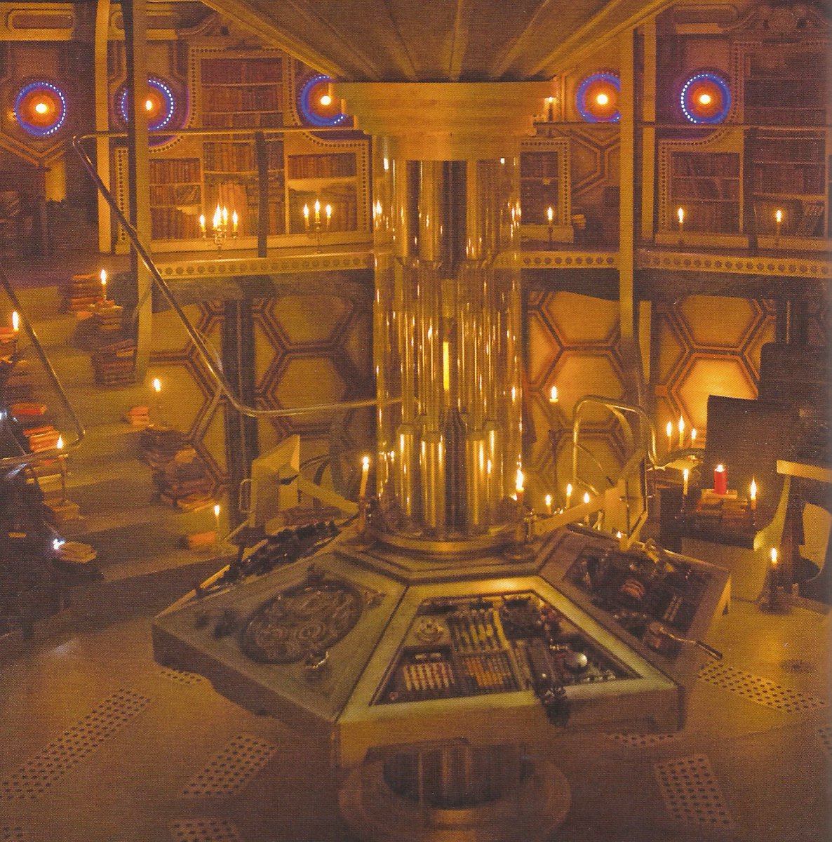 brinatello's tweet photo. #WaybackWednesday (February 11, 2014): Test shot of several lit candles 🕯️ inside the #TARDIS console room for #Listen. A cold opening scene was also filmed and then discarded. I thought it was a 'bright' idea! 😂 #DoctorWho #PeterCapaldi #TwelfthDoctor @SWmoff #DouglasMackinnon https://t.co/QPxodFqBQD