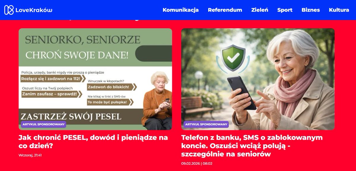 Eleganckie przepalanie pieniędzy i tylko ciekawe, czy publicznych, czy nie.

W krakowskich mediach lokalnych "ktoś" wykupił wielkie artykuły sponsorowane o wyłudzeniach danych od seniorów. 

Oczywiście formalnie nie ma to związku z referendum i tym, że otoczenie władzy straszy