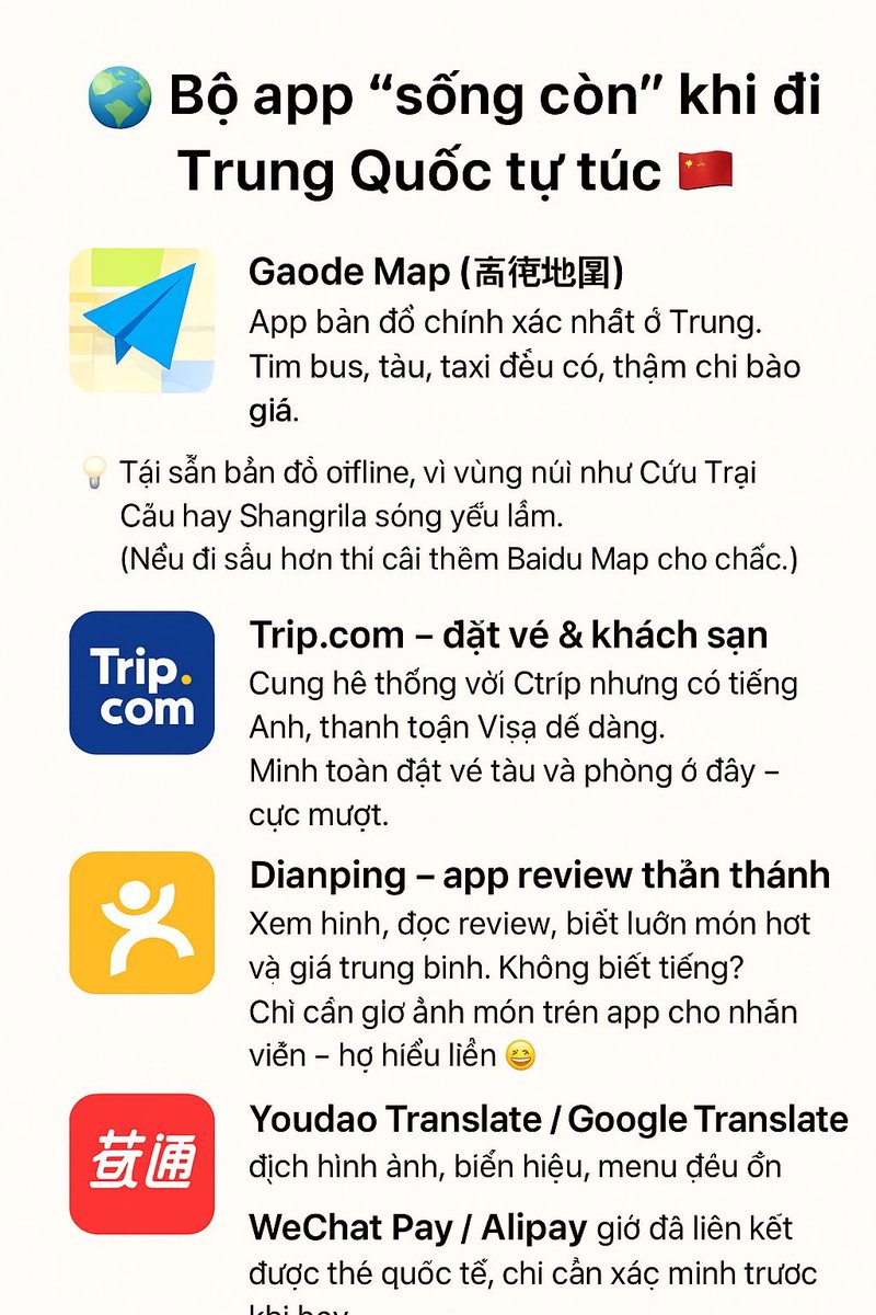 NgocDrukpa's tweet photo. _chia sẻ từ Group Trung Quốc - Hướng Dẫn Và Chia Sẻ Kinh Nghiệm Du Lịch Tất Tần Tật | link gốc ở còm ạ_
📷 NHỮNG APP “SỐNG CÒN” KHI ĐI TRUNG QUỐC TỰ TÚC 📷📷
Đi Trung Quốc mà không chuẩn bị app trước, thật sự như… bước vào thế giới khác luôn 📷
Mọi thứ đều là tiếng Trung, Google không hoạt động, WeChat thì hỏi đủ kiểu xác minh…
Lần đầu mình đi, lúng túng đến mức đứng giữa ga tàu nhìn bản đồ mà không hiểu nổi chỗ nào là lối ra 📷
Sau vài chuyến “vật vã”, mình mới đúc kết được một “combo sống còn” — chỉ cần có đủ những app này, đi tự túc cũng yên tâm như có người đi cùng.
⸻
📷 1. Bản đồ & chỉ đường
Mình thử qua cả chục loại, cuối cùng chỉ tin tưởng mỗi 高德地图 (Gaode Map / Amap).
App này chỉ rõ từng bến tàu, từng trạm bus, thậm chí còn báo luôn giá taxi.
Giao diện có tiếng Anh, nhưng mình vẫn quen tra bằng tiếng Trung (copy tên địa điểm dán vào là ra ngay).
📷 Kinh nghiệm xương máu: tải sẵn bản đồ offline, vì nhiều vùng núi như Cửu Trại Câu hay Shangrila, sóng yếu lắm.
Nếu đi sâu vào mấy vùng đó, cài thêm 百度地图 (Baidu) cho chắc ăn.
📷 2. Đặt vé & khách sạn
Lần đầu mình định đặt vé tàu trên Ctrip, nhưng toàn tiếng Trung, nhập sai một chữ là lỗi 📷
Sau đó mình chuyển qua https://t.co/qnt018E1Gq, cùng hệ thống với Ctrip nhưng có tiếng Anh, dễ thanh toán bằng thẻ Visa – cực kỳ thân thiện với khách quốc tế.
Còn 大众点评 (Dianping) – app mình mê nhất.
Không chỉ để xem review quán ăn, mà còn có cả đánh giá cảnh điểm, khu phố, chỗ chụp ảnh đẹp.
Mình ở Hàng Châu, chỉ cần mở app ra xem “热门餐厅” (nhà hàng hot), là tìm được mấy quán siêu ngon mà dân địa phương ăn.
📷 3. Ăn uống – phần vui nhất
Mình gọi Dianping là “thánh chỉ đi ăn” 📷
App này có ảnh thật, review chi tiết, cả menu có giá, xem xong là biết nên gọi món gì.
Đợt ở Thượng Hải, nhờ Dianping mà mình tìm được quán “sủi cảo cua Thượng Hải” – quán bé xíu trong hẻm nhưng ngon hơn cả nhà hàng sang.
📷 Mẹo: nếu bạn không biết tiếng, chỉ cần cho nhân viên xem ảnh món ăn trên app, họ hiểu liền.
📷 4. Dịch & giao tiếp
Không nói được tiếng Trung là chuyện bình thường – kể cả mình học vài câu, ra ngoài vẫn “đơ”.
Lúc này, Google Translate hoặc Youdao Translate (有道翻译) là cứu tinh.
Mình thường dùng chế độ dịch hình ảnh – quét menu, biển báo, thậm chí hoá đơn taxi cũng hiểu được.
Có lần đi taxi ở Thành Đô, mình nói không xong, mở app dịch sang tiếng Trung đọc lên – tài xế cười xong gật đầu “懂了懂了!” 📷
📷 5. Thanh toán – phần khiến ai cũng sợ nhất
Trung Quốc gần như không dùng tiền mặt.
Mình từng đi ăn mà không có WeChat Pay, phải nhờ bạn quét hộ – xong đưa tiền mặt trả lại, nhìn cực “quê” 📷
Giờ thì dễ hơn rồi, WeChat Pay và Alipay đã cho liên kết thẻ Visa/Mastercard quốc tế.
Cứ xác minh sớm trước khi bay, đỡ loay hoay ở sân bay.
📷 Nhớ: lúc cài, bật xác minh danh tính và nhập tên đúng như hộ chiếu – sai một chữ là hệ thống từ chối luôn.
📷 6. Sim & kết nối
Mạng là “máu” của mọi app.
Mình hay dùng eSIM để đỡ phải tháo sim chính, nhưng nhớ chọn loại cho phép đăng nhập WeChat/Alipay (vì một số sim du lịch bị chặn).
Nếu đi dài ngày, mua sim Trung tại chỗ vẫn ổn – giá rẻ, tốc độ mạnh.
📷 Bài này mình viết lại từ trải nghiệm thật – hy vọng giúp ai đó sắp đi Trung không bị “sốc văn minh” như mình lần đầu 📷