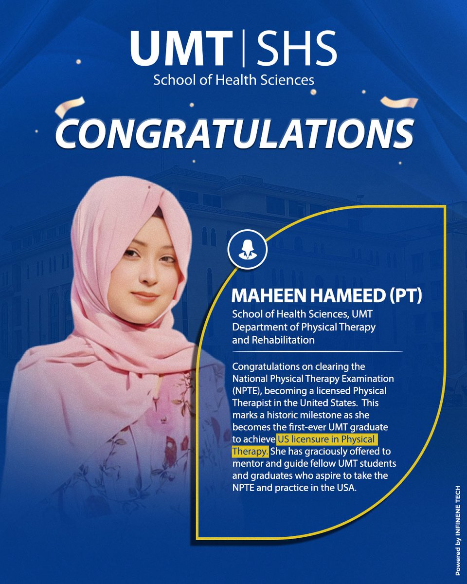UMTOfficial's tweet image. Congratulations to Maheen Hameed (PT) on clearing the NPTE and becoming the first UMT #graduate to achieve US licensure in #PhysicalTherapy.

#myUMT