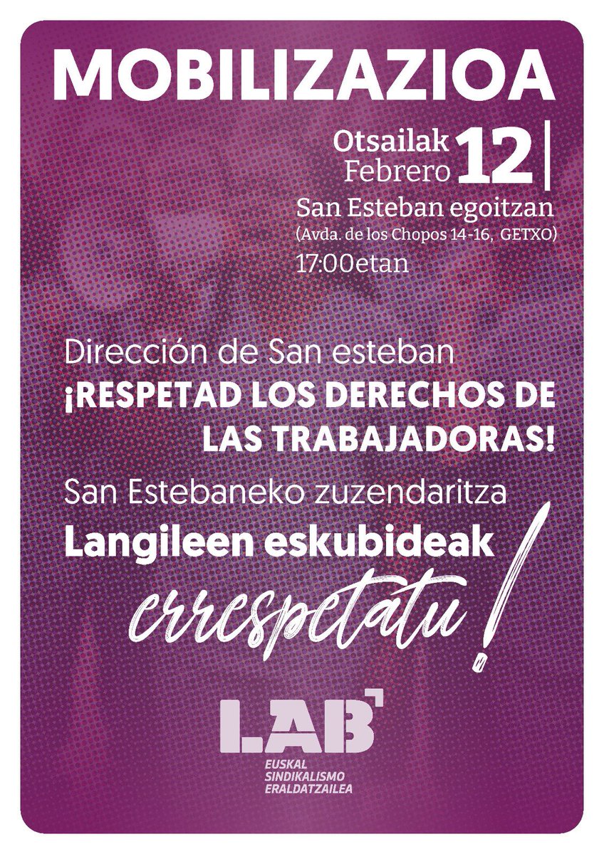 🫴🏽Bihar, berriz Getxoko San Esteban egoitzan mobilizatuko gara.

👉🏽Sí no sé respetan nuestros derechos estaremos en la calle‼️