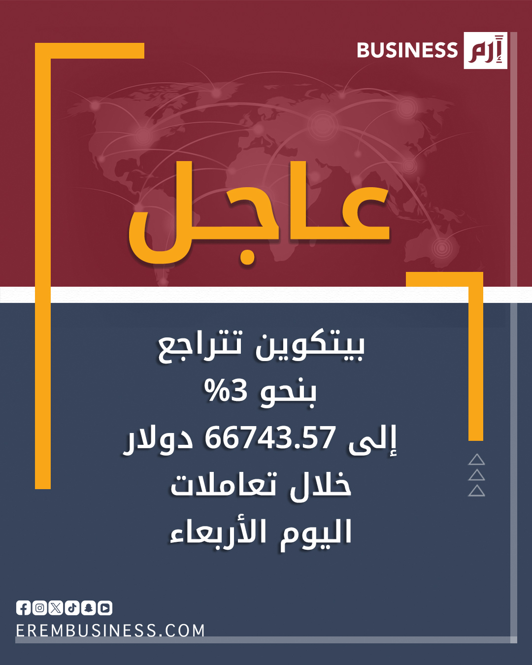 عاجل بيتكوين تتراجع بنحو 3% إلى 66743.57 دولار خلال تعاملات اليوم الأربعاء 