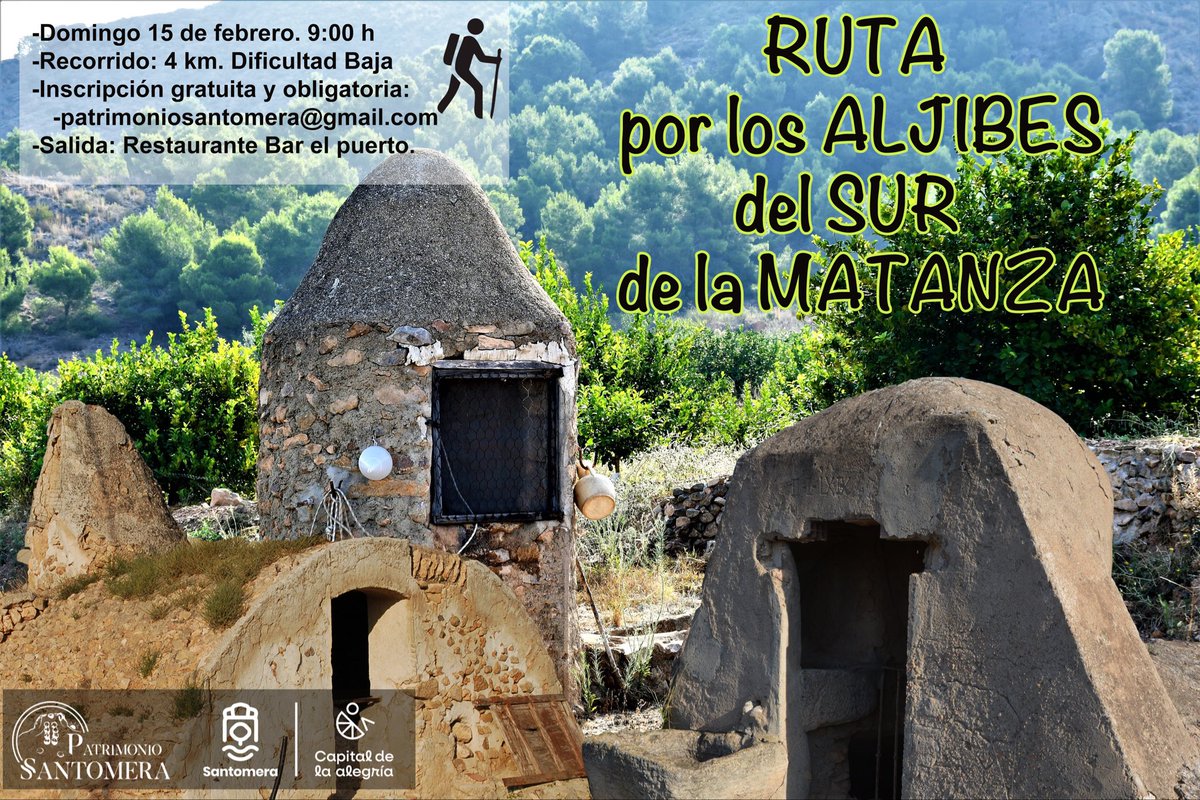 PSantomera's tweet photo. ¿Quieres disfrutar de un viaje en el tiempo por nuestro patrimonio hidraúlico?…
Ruta guiada por los aljibes del sur de la Matanza de la mano de nuestros especialistas. 

Inscripción en: 📋🖊️patrimoniosantomera@gmail.com

Domingo 15 de febrero.  
9:00 Bar del Puerto. https://t.co/tJg3zkgyNL