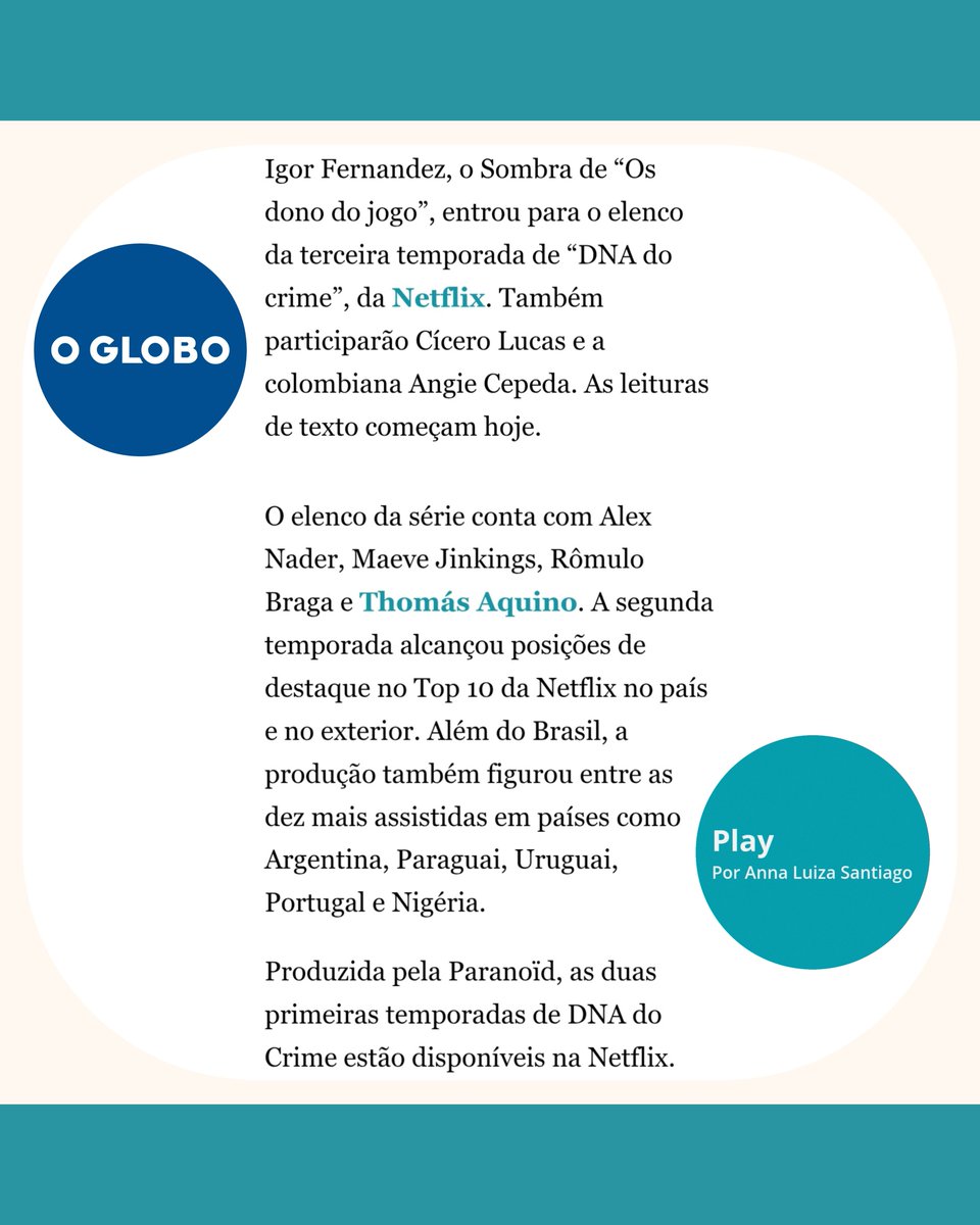 dia_tiago's tweet photo. Igor Fernandes entra no elenco da 3ª temporada de #DNADoCrime, da Netflix.

📰 Coluna Play
https://t.co/4SGzveQRgA https://t.co/HB2fPb2oUn