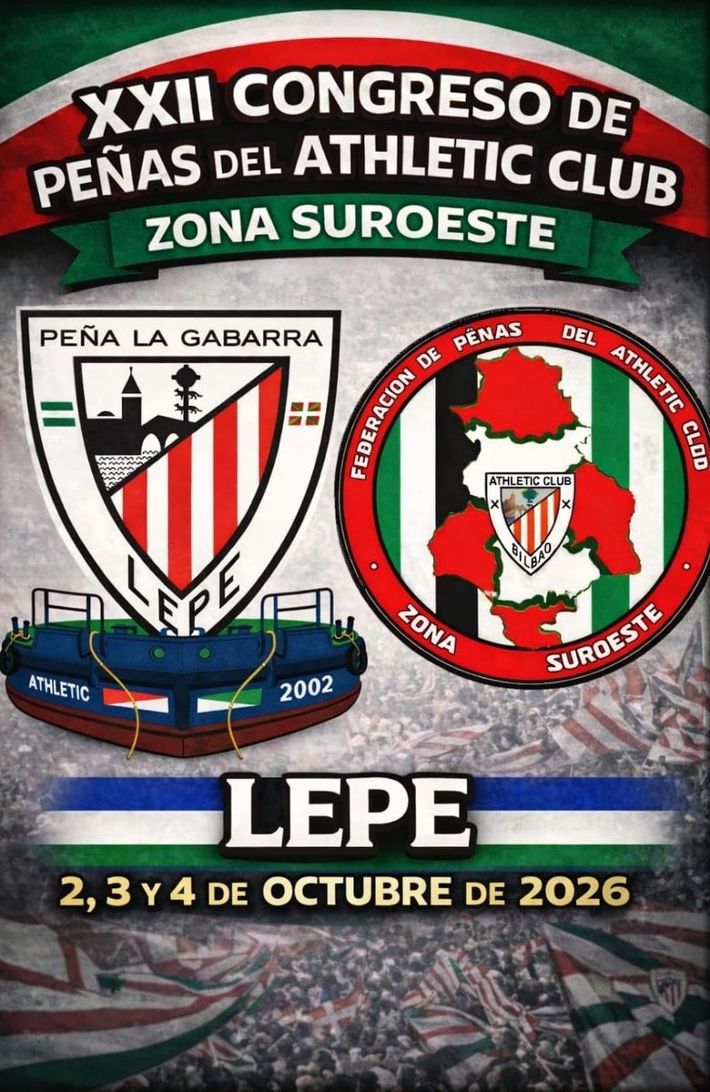 gabarradelepe's tweet photo. Hoy es un gran día, os presentamos el cartel con la fecha del Congreso de Peñas de la Zona Suroeste que celebraremos en Octubre. 
Os invitamos a todos los athleticzales que quieran disfrutar de un fin de semana de convivencia en Lepe. 
Aupa @AthleticClub ❤️🦁 https://t.co/L4fHQXXEa2